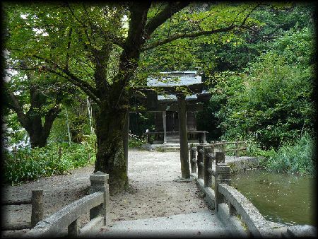 戸ノ口堰水神社神橋から垣間見える石鳥居と社殿