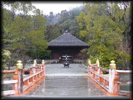 浄土庭園の池に掛けられた朱色の橋越に見える白水阿弥陀堂